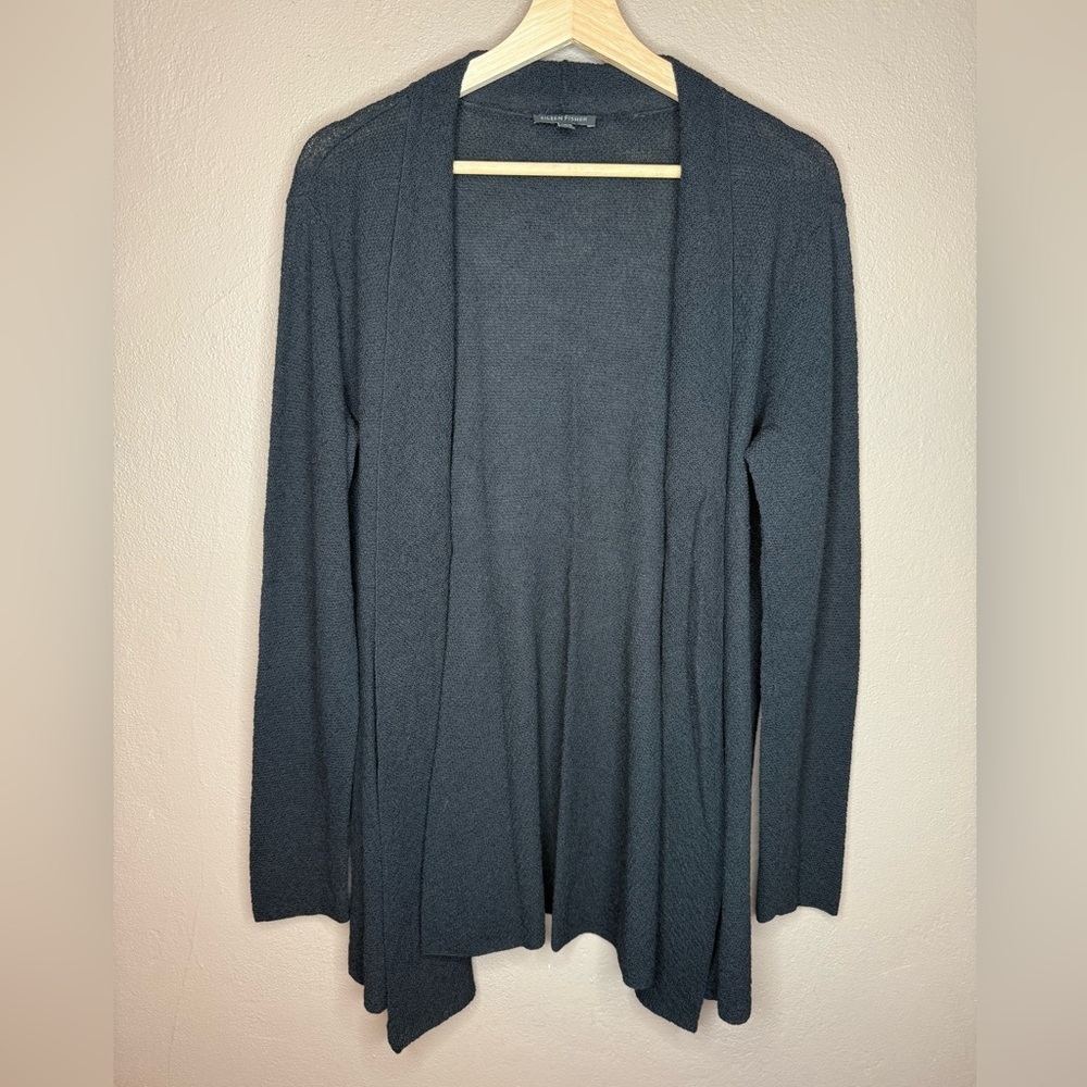 Eileen Fisher 100% Wool Black Cardigan Sweater Size Med. Open Front Long Sleeve
